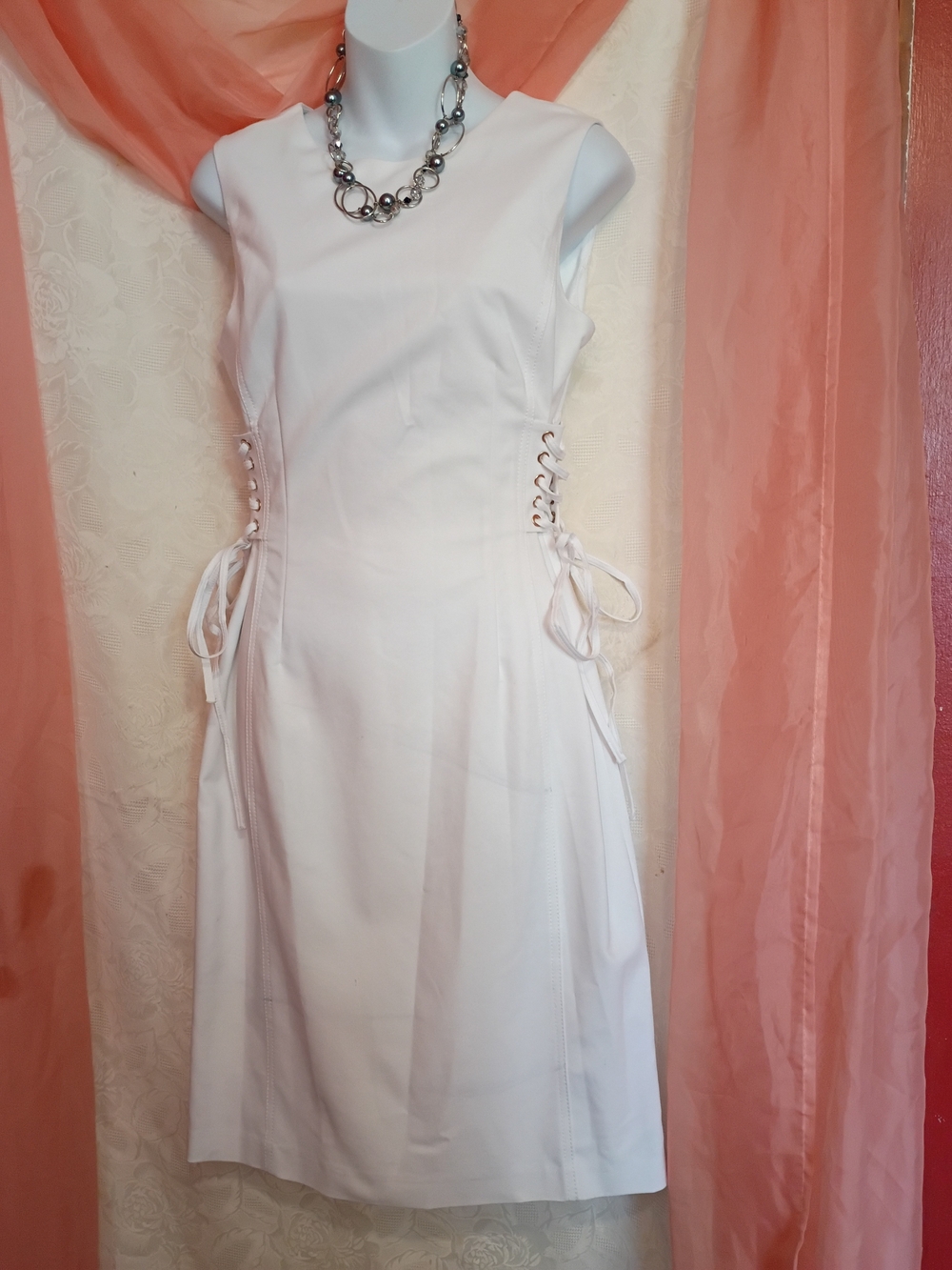 Calvin Klein White Ladies Sleeveless Midi Dress w/ Side Lace-Up Detail Sz 8